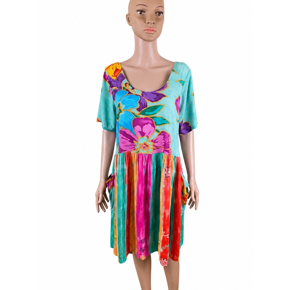 Jams World Vintage Dress L Colorful Floral Boho Lagenlook Oversized Pockets